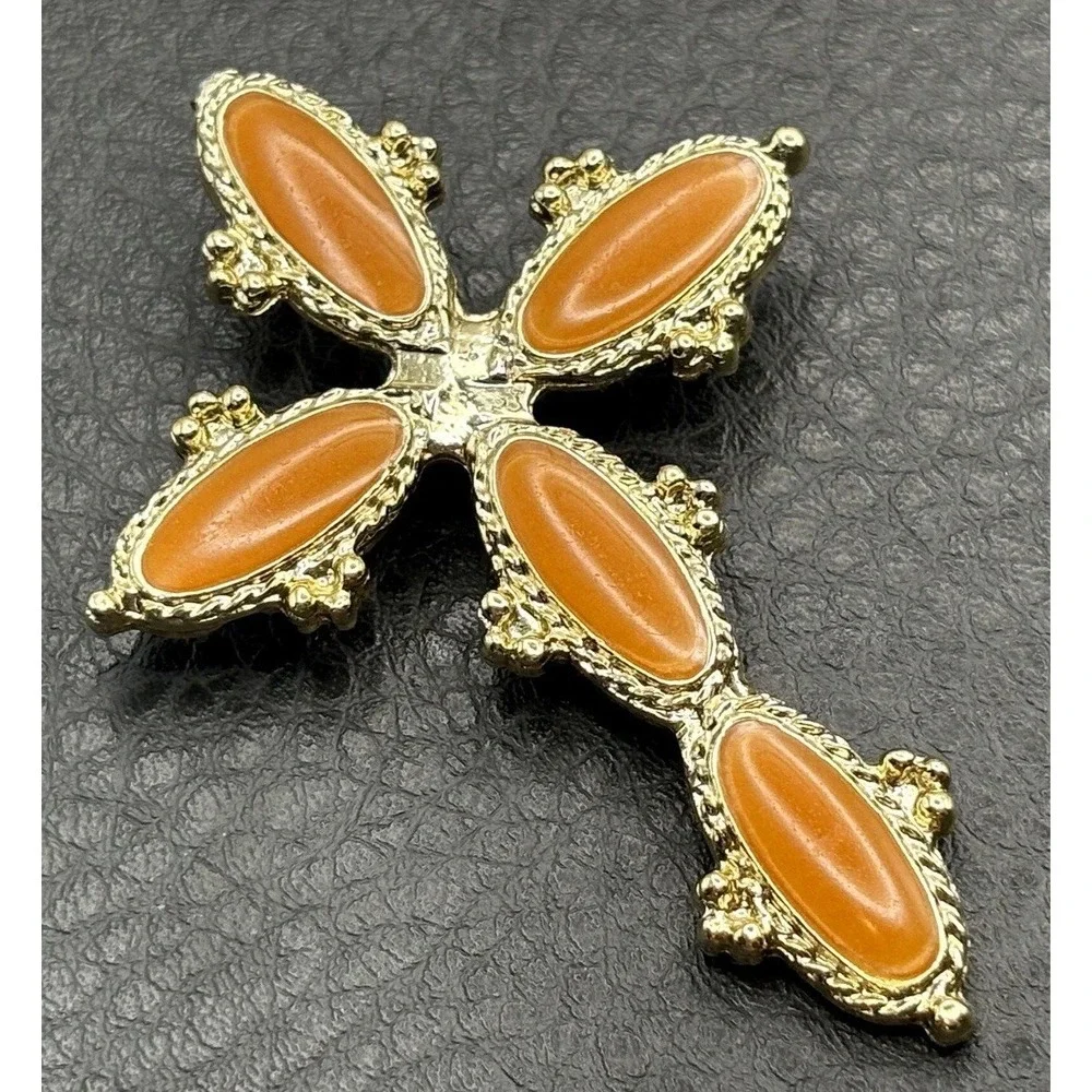 Vintage Huge Large Gold Tone Orange Enamel Cross Ornate Brooch Pin